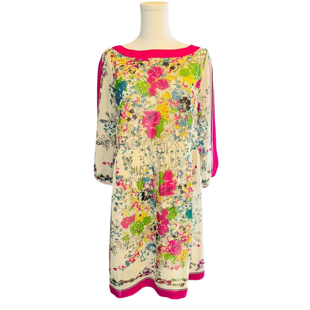 ECI New York Floral Dress Pink Trim Ivory Colorblock Detail 3/4 Sleeve sz 6‎